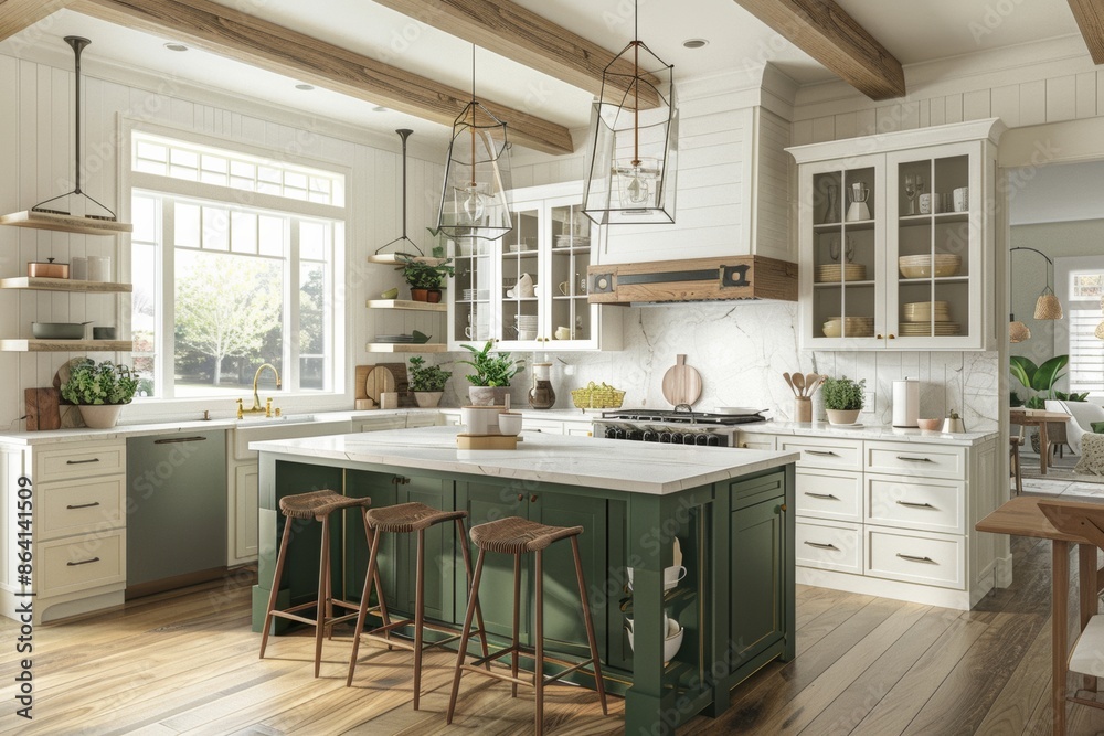 Fototapeta premium Capture the charm of modern farmhouse living with a kitchen adorned with an island and stools, surrounded by farmhouse green and white cabinets.