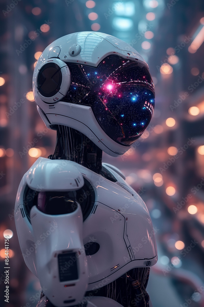 A robot with a white helmet and a glowing face stands in a dark room