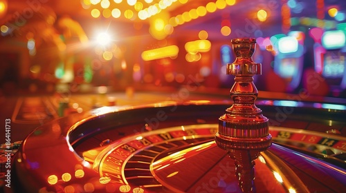 Close-up of a roulette wheel in a brightly lit casino photo