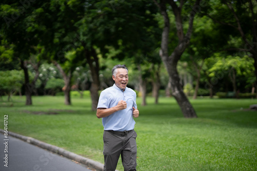 Senior fitness, exercise and Asian man stretching outdoor at park for health and wellness in retirement. Portrait, face and smile of male in nature background.