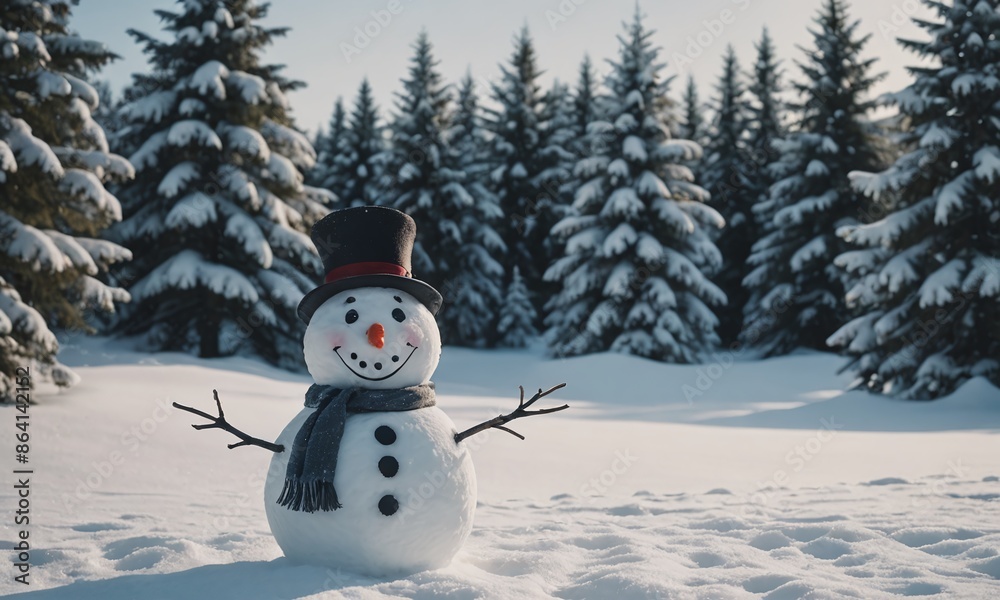 Obraz premium Snowman in Joyful Winter Wonderland with Snow-Covered Trees Background