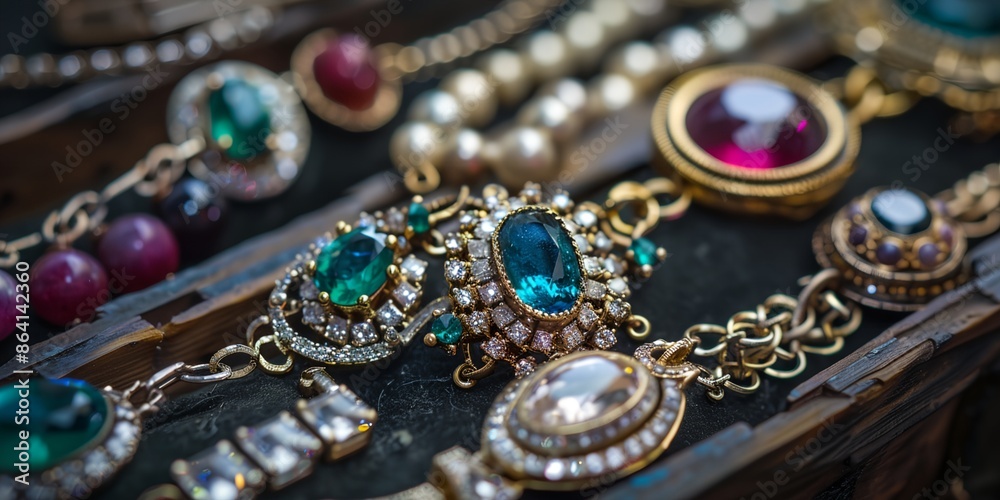 A collection of jewelry, including necklaces and bracelets, are displayed on a table. The pieces are made of various materials, including gold, silver, and gemstones. Scene is one of luxury A collection of jewelry, including necklaces and bracelets, are displayed on a table. The pieces are made of various materials, including gold, silver, and gemstones. Scene is one of luxury