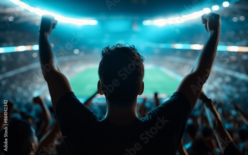 Soccer Fan Cheering in a Stadium - Enthusiastic Crowd and Electric Atmosphere at Night Football Game © Sparrowski