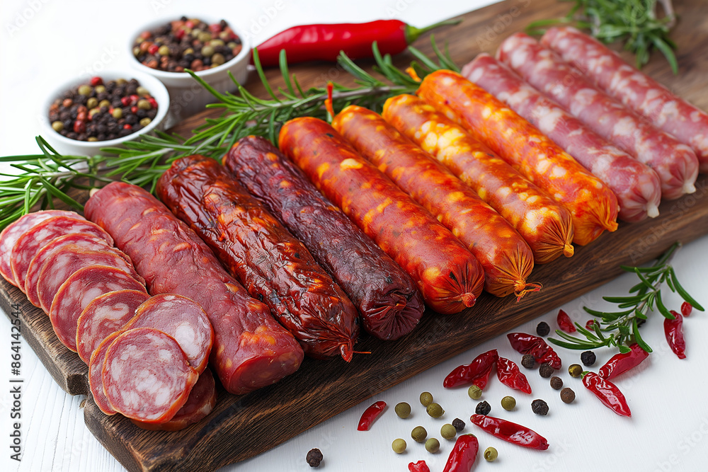 A wooden board with a variety of meats and spices on it A wooden board with a variety of meats and spices on it