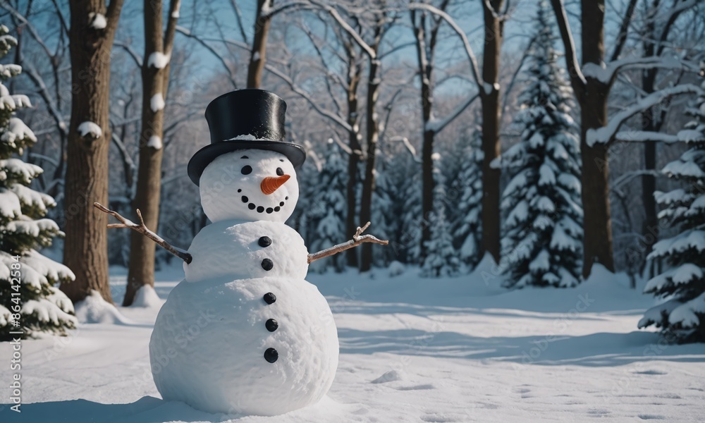 Snowman in Joyful Winter Wonderland with Snow-Covered Trees Background Snowman in Joyful Winter Wonderland with Snow-Covered Trees Background