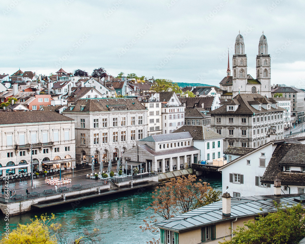 Naklejka premium Altstadt Zurich Switzerland, Lindenhof Hill Viewpoint, European Architecture 