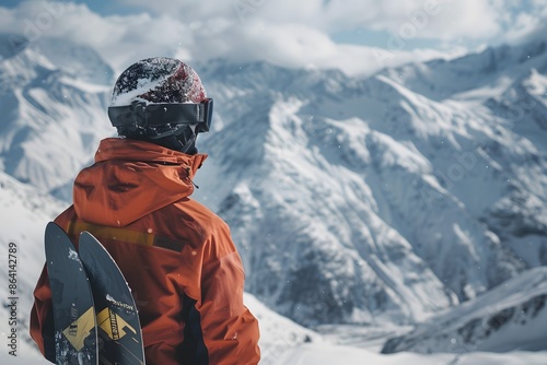 Skier Admiring Majestic Snow-Covered Mountains