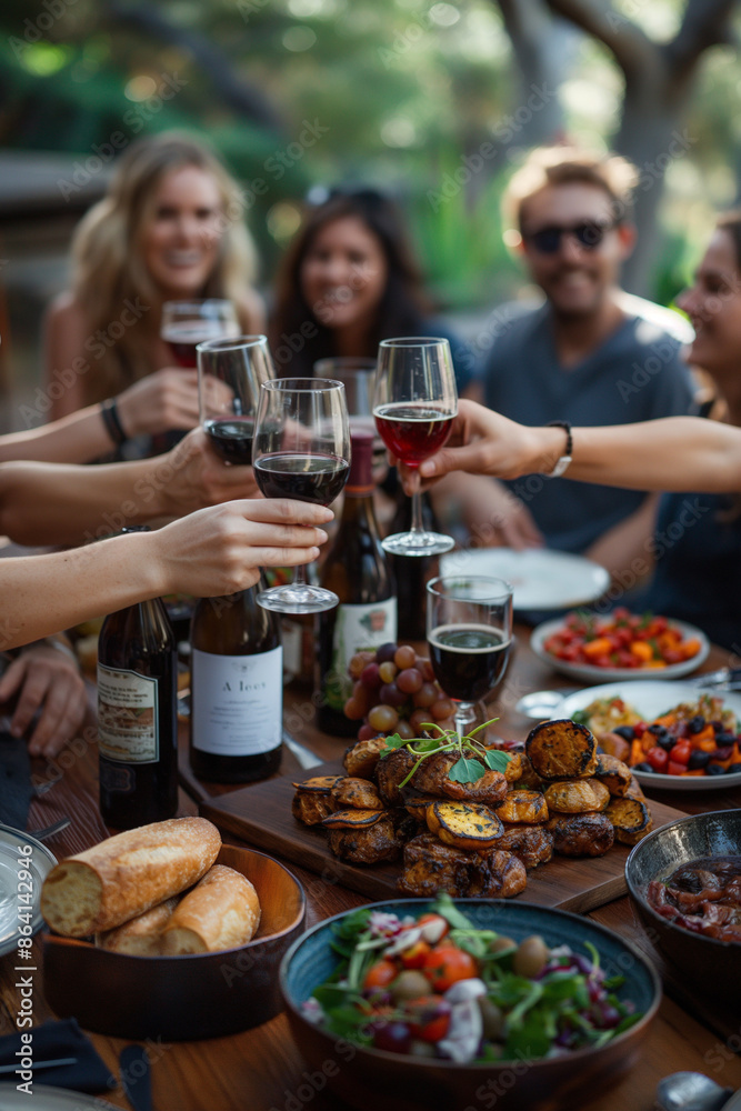A group of people are gathered around a table with a variety of food and drinks
