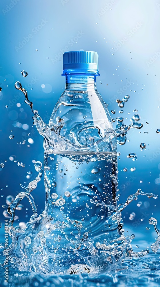 Bottle of mineral water with splash and drops on blue background Bottle of mineral water with splash and drops on blue background