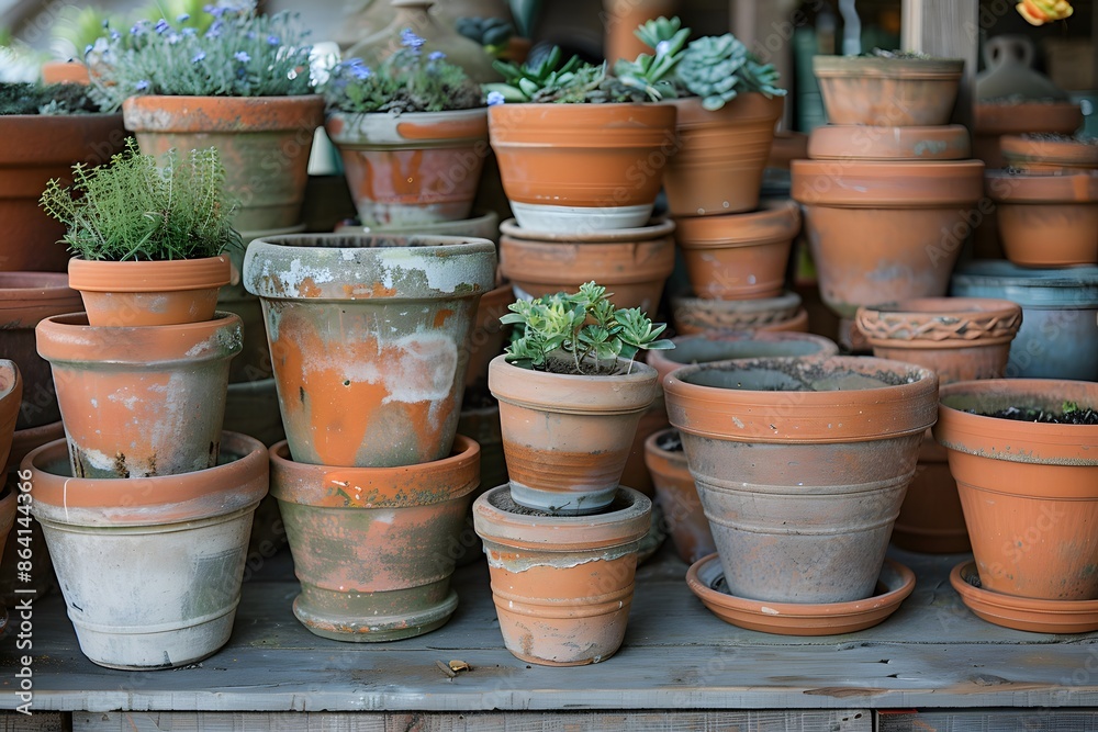 Collection of Various Terracotta Pots with Succulents and Herbs Collection of Various Terracotta Pots with Succulents and Herbs