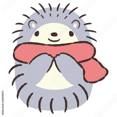マフラーを巻いた手描きのハリネズミのイラスト