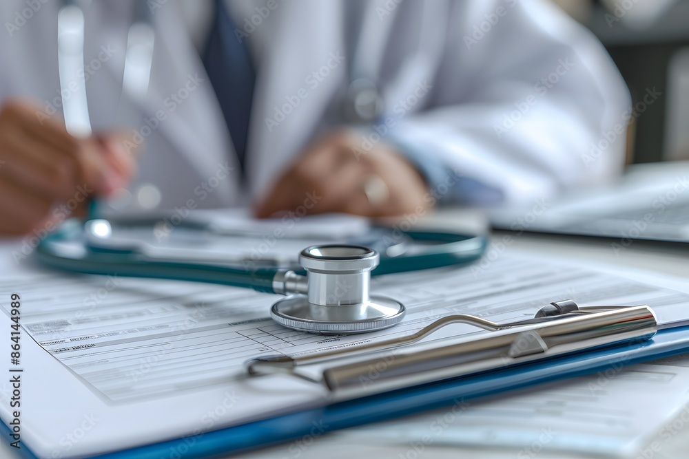 Doctor Reviewing Medical Records with Stethoscope and Clipboard Doctor Reviewing Medical Records with Stethoscope and Clipboard