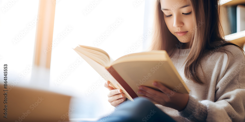 teen sits and reads a book in the corner of a bookshelf teen sits and reads a book in the corner of a bookshelf