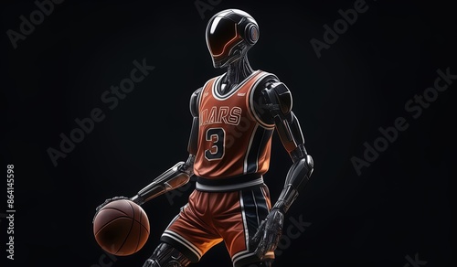 basketball robot player. robot wearing a jersey orange playing basketball. robot model basketball athlete. 