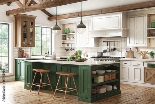 Dive into the inviting ambiance of a modern cottage kitchen, equipped with an island and stools, complemented by farmhouse green and white cabinets.