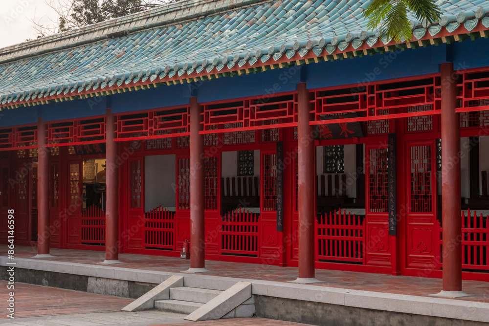 Koxinga's Shrine, Chinese temple with blue roof, red doors, and traditional facade in Tainan, Taiwan