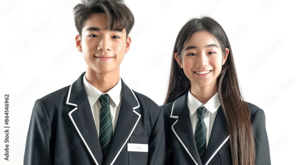 Southeast Asian high school students, handsome boys and cute girls wearing school uniforms Study abroad, realistic, white background Southeast Asian high school students, handsome boys and cute girls wearing school uniforms Study abroad, realistic, white background