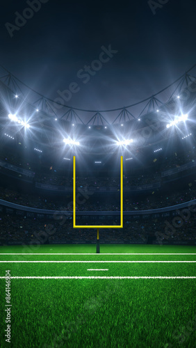  Modern sport stadium at night and american football field with yellow goalpost ready for the match. Sports background as 3D illustration in vertical format for social media advertising.