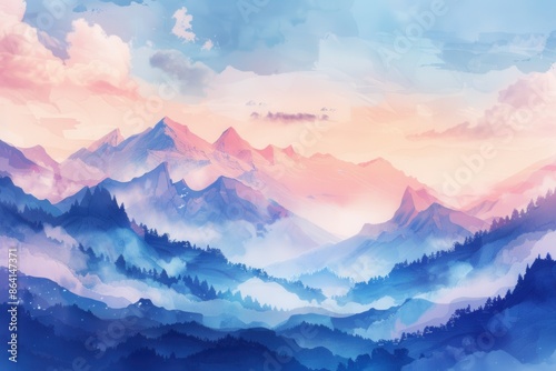 Beautiful watercolor painting of a serene mountain landscape at dawn, with misty blue mountains and a stunning pink sky.