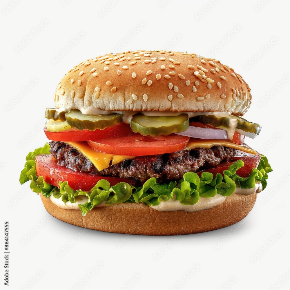 Delicious burger with buns and cheese on flat white background isolated, hamburger, cheese burger Delicious burger with buns and cheese on flat white background isolated, hamburger, cheese burger