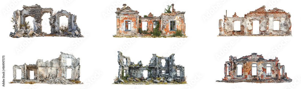 Naklejka premium Six ruined buildings, cut out - stock png.