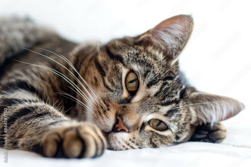 Close-up of a relaxed tabby cat lying down, showcasing its beautiful striped fur and calm demeanor in a cozy setting. Close-up of a relaxed tabby cat lying down, showcasing its beautiful striped fur and calm demeanor in a cozy setting.