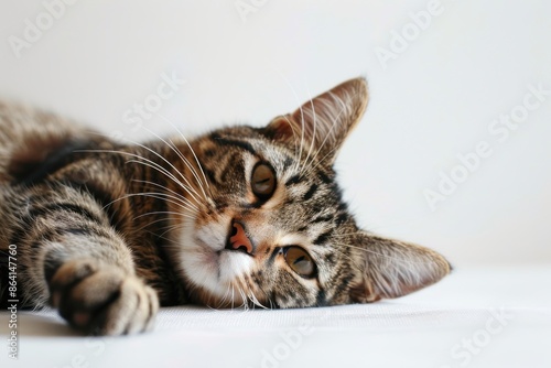 Close-up of a tabby cat lying on a white surface with a relaxed expression, showcasing the beauty of domestic cats in a calm setting.