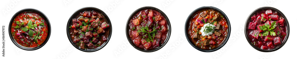 Five bowls of traditional ukrainian borscht soup, cut out - stock png. Five bowls of traditional ukrainian borscht soup, cut out - stock png.
