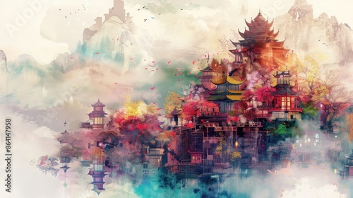 Colorful abstract watercolor painting of traditional Asian architecture, blending vibrant hues and intricate details in an ethereal scene.