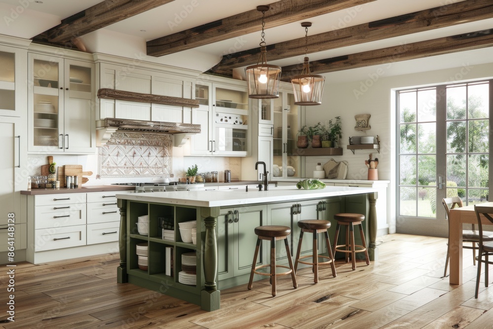 Fototapeta premium Embrace the fusion of modern and rustic styles in a cottage kitchen, featuring an island and stools, harmonized by farmhouse green and white cabinets.