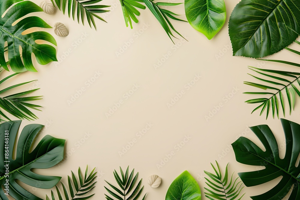 Summer leaves frame, tropical greenery, blank center for text or image Summer leaves frame, tropical greenery, blank center for text or image