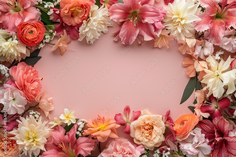 Lush flower frame with blank center, vibrant blooms in various colors Lush flower frame with blank center, vibrant blooms in various colors
