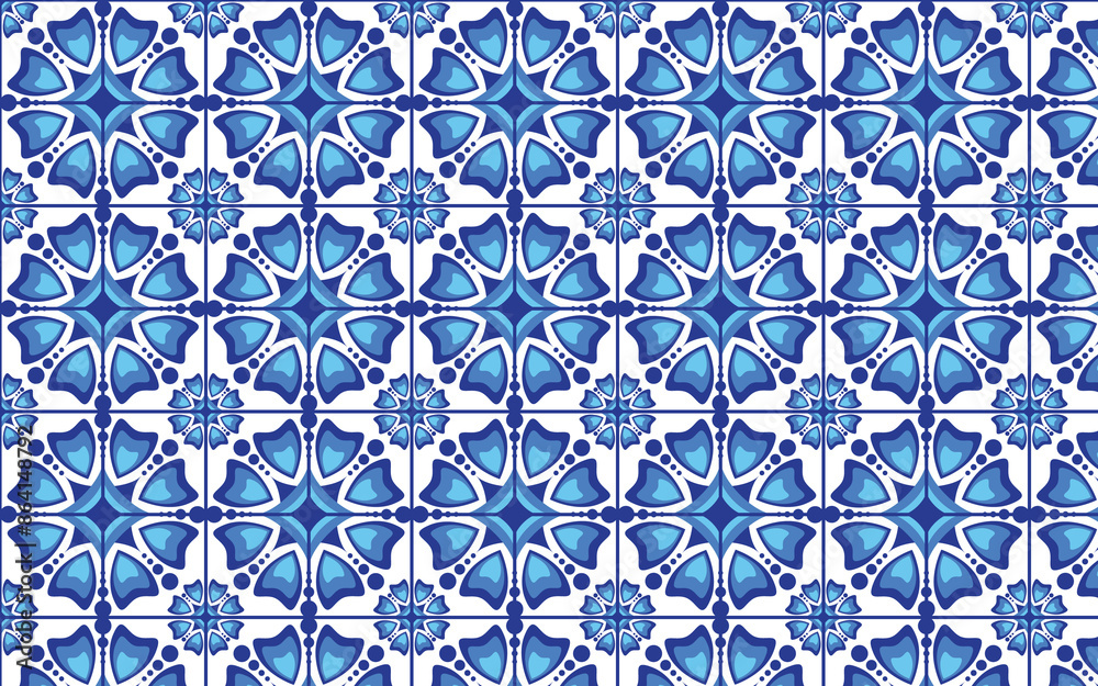 Fototapeta premium Decorative mosaic flowe blue color seamless pattern 018 jpg.