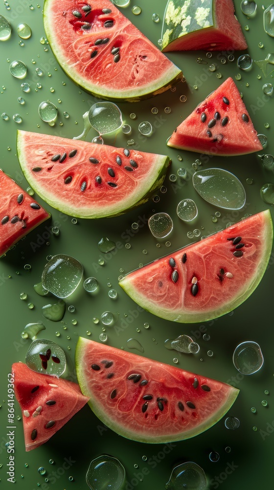 Red and juicy watermelon slices on a green background with water drops. Red and juicy watermelon slices on a green background with water drops.