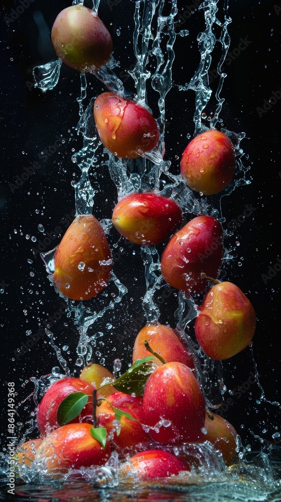 Red pears falling in water with a splash on a black background Red pears falling in water with a splash on a black background
