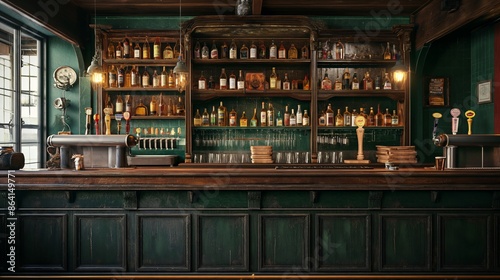 Obraz na płótnie the counter bar in a cosy old english or irish pub with lots of whisky bottles in the background w salonie