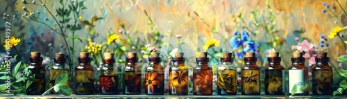 An herbal medicine table with bottles of tinctures and infusions and healing herbs. photo