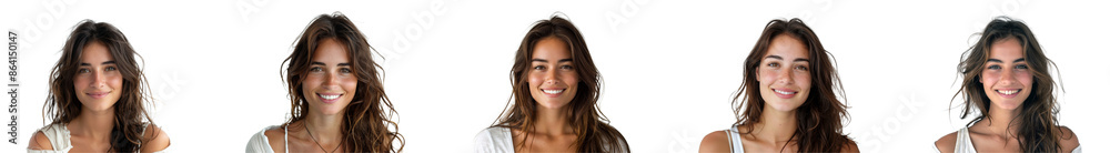 Five smiling women with long dark hair posing, cut out - stock png. Five smiling women with long dark hair posing, cut out - stock png.
