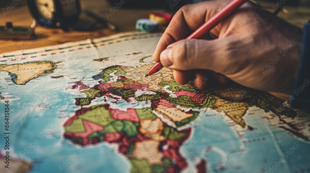 Hand tracing a route on a world map with a red marker planning an adventure Hand tracing a route on a world map with a red marker planning an adventure