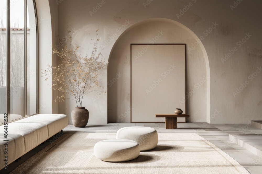 Experience the understated elegance of Japandi minimalist style in a modern home's living room, featuring an arch window for natural light. Experience the understated elegance of Japandi minimalist style in a modern home's living room, featuring an arch window for natural light.