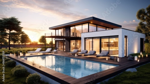 modern residential building with lighting and swimming pool in garden in the evening