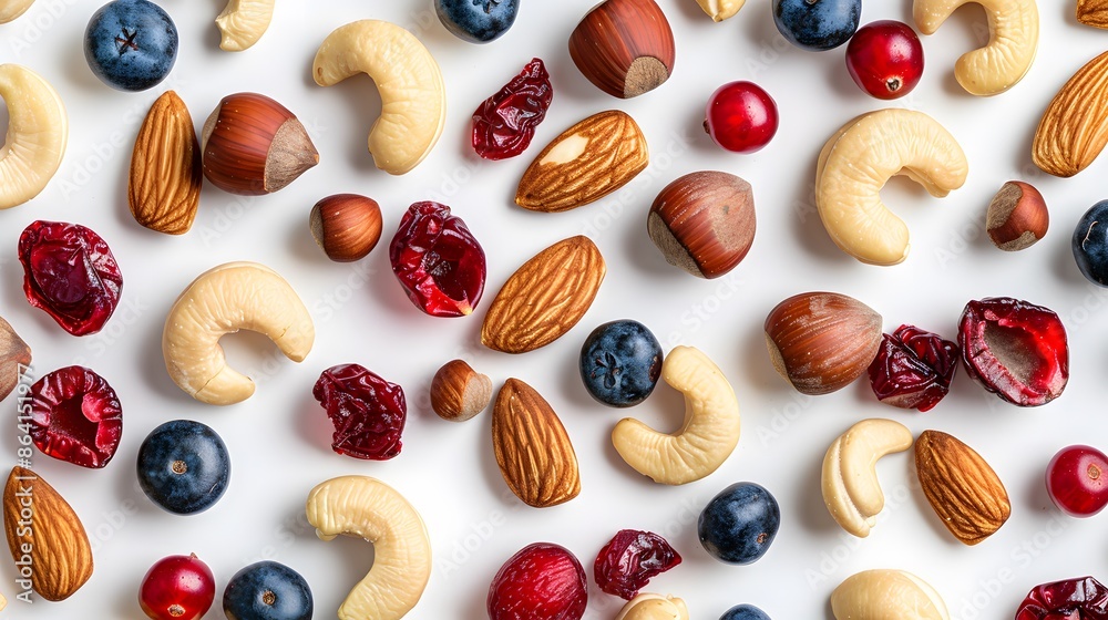 Mixed nuts and dried fruits, such as cashews, walnuts, almond, red cranberries or blue berries, arranged in an aesthetically pleasing pattern against a white background. Mixed nuts and dried fruits, such as cashews, walnuts, almond, red cranberries or blue berries, arranged in an aesthetically pleasing pattern against a white background.