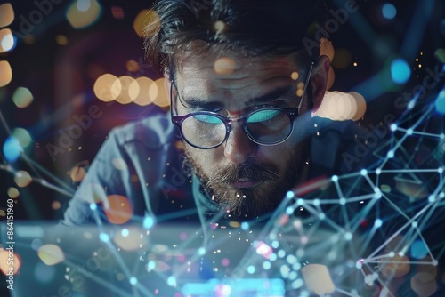 An engineer working on a laptop and data center, inspecting or solving the server room problem, coding, and using the business network. An IT person working on a computer, programming the GDB, and photo