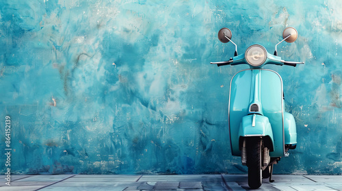blue vintage scooter against blue wall,