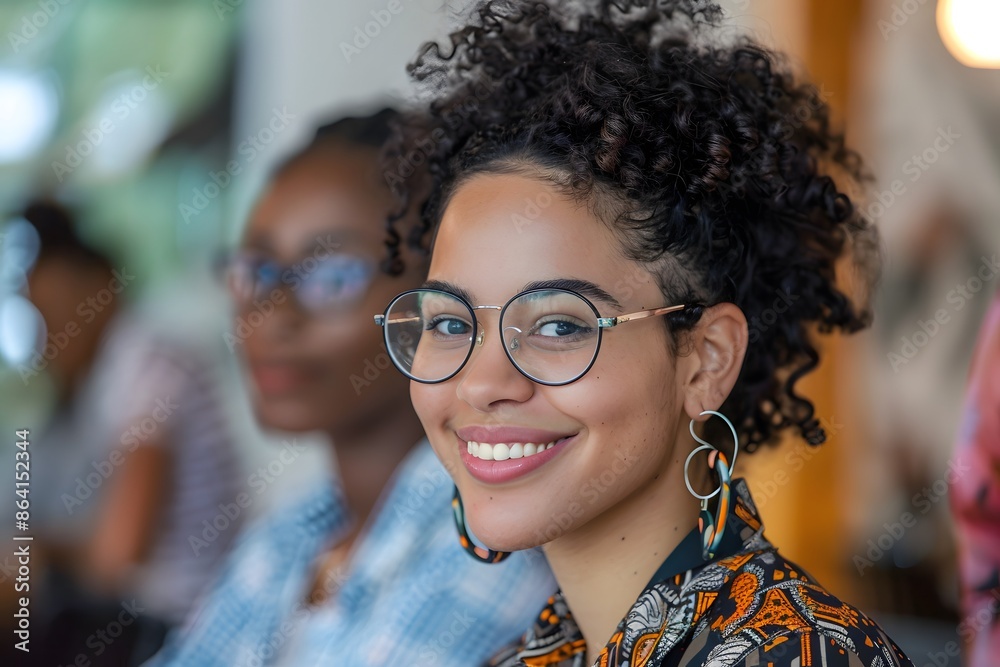 Smiling Woman with Curly Hair and Glasses in a Vibrant Setting Smiling Woman with Curly Hair and Glasses in a Vibrant Setting