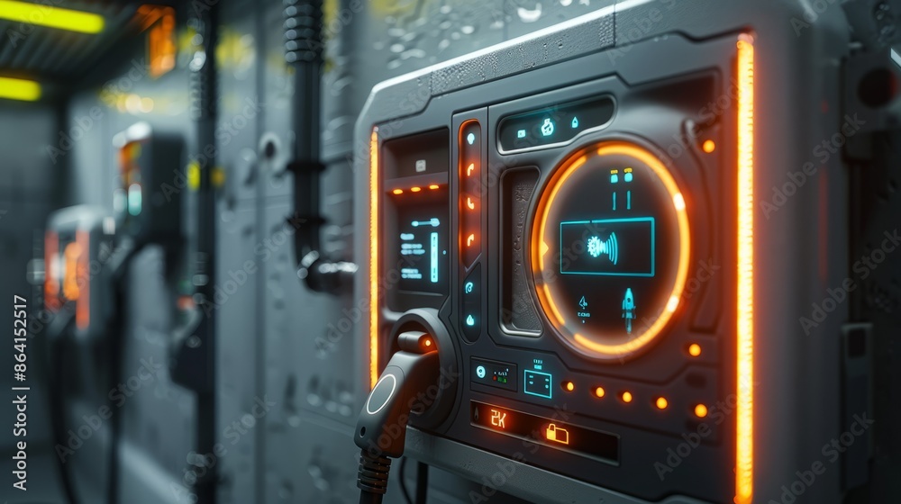 Futuristic control panel with glowing orange lights