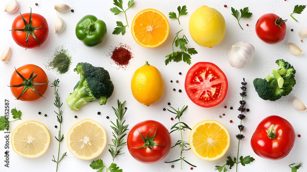 A flat lay of colorful fruits and vegetables arranged neatly on a white background, including tomatoes, bell peppers, oranges, broccoli, garlic, onion, lemon slices.