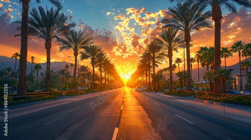 Sunset over palm-lined street