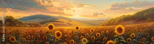Flowers blossoming in the sunflower field in a rural landscape with a golden sunset. Colors of the hills in orange and blue at the background compliment the sunset light. photo