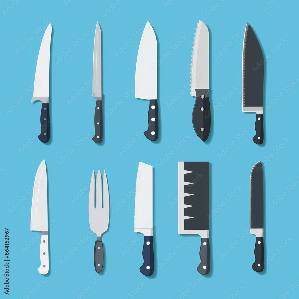 The icon of a knife set. Big steel ceramic kitchen knives. View from the top. Butcher meat knife collection. Kitchen chef tool. Graphic style. Blue background. Isolated. The icon of a knife set. Big steel ceramic kitchen knives. View from the top. Butcher meat knife collection. Kitchen chef tool. Graphic style. Blue background. Isolated.